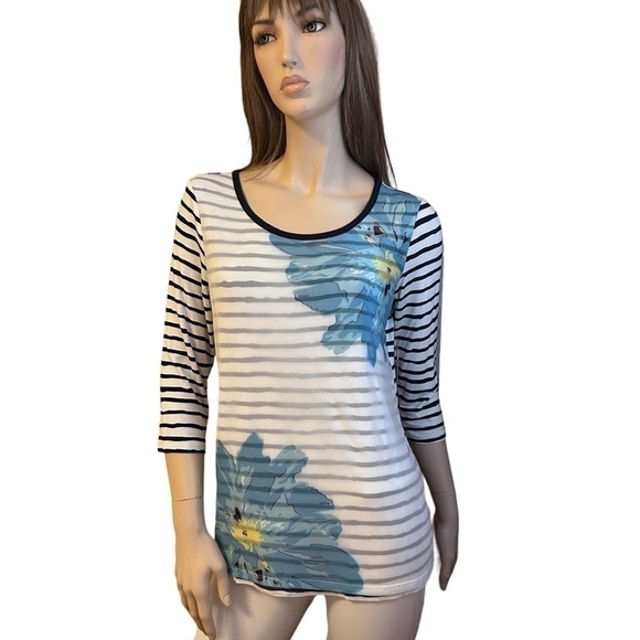 TRIBAL Top Shirt Blouse Tunic Rayon Nylon Limited Edition Floral and Stripe - Picture 2 of 13